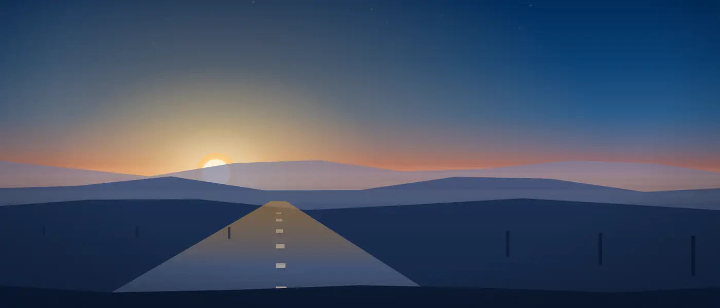 A straight road running toward the sunrise, with low hills on the horizon