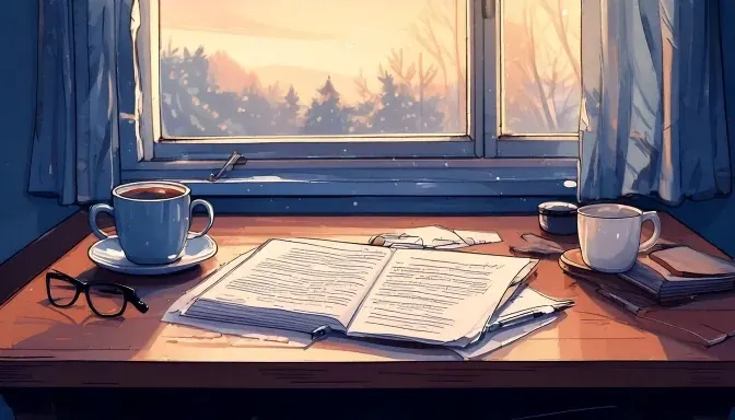 A desk at dawn with an open written report, reading glasses and a cup of tea