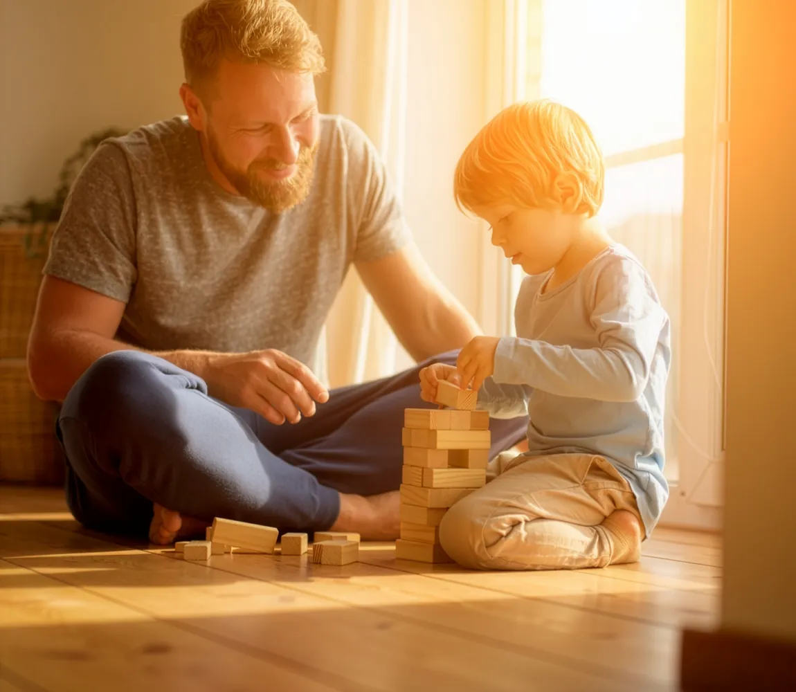 A parent and a young child sitting together on a sunny wooden floor, building a tower of wooden blocks