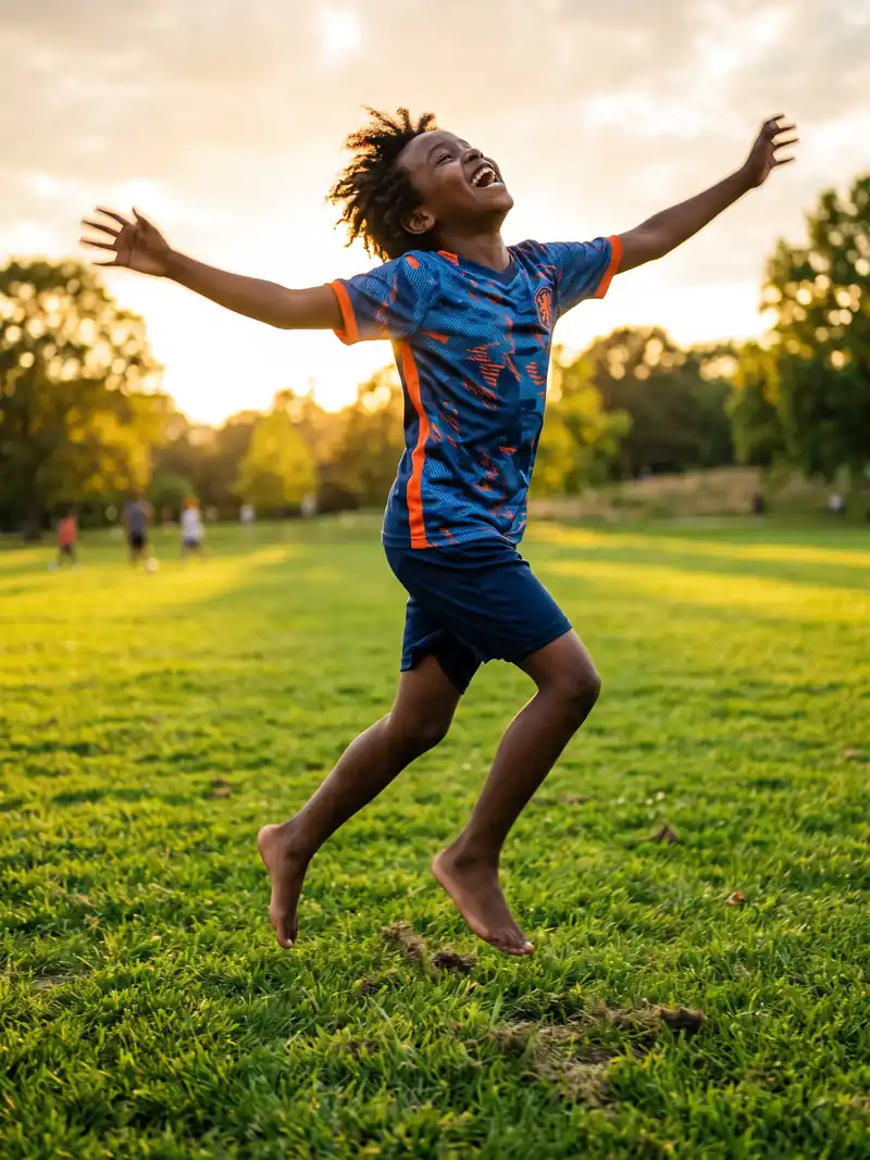 A boy leaping barefoot across grass at sunset, arms flung wide, head tipped back, laughing