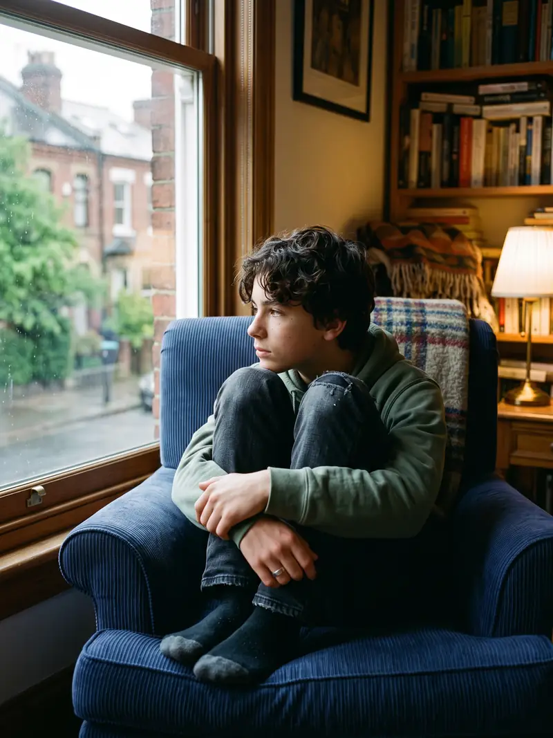 A teenager sitting in an armchair beside a window, knees drawn up, looking out thoughtfully
