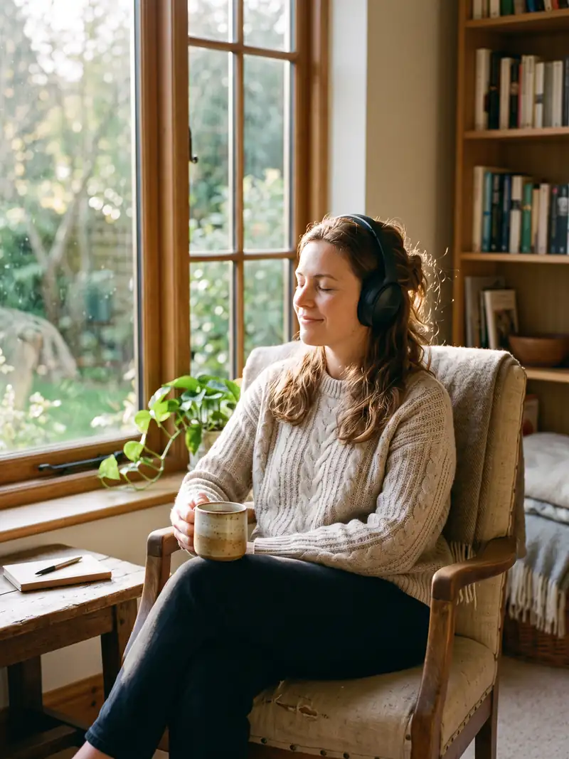 A woman sitting by a sunlit window wearing headphones, eyes closed, holding a mug, relaxed and content