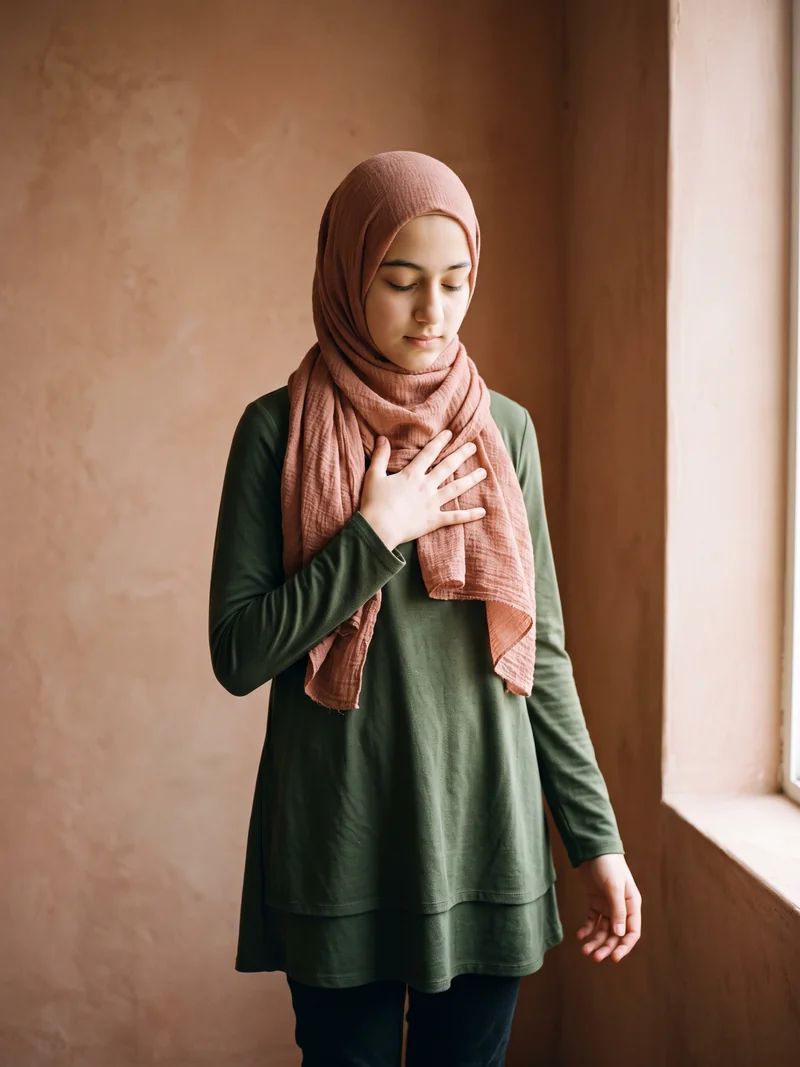 A young woman standing in soft light with one hand resting over her heart, eyes closed, mid-breath